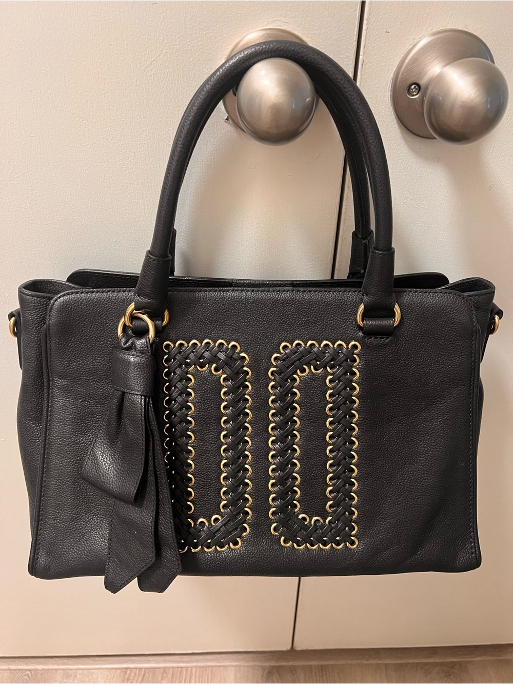DAKS Black Leather Satchel with Gold Eyelet Braided Detail